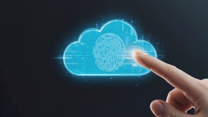 Human finger touching digital cloud icon with fingerprint hologram on dark background, symbolizing cloud storage security, biometrics, innovation, and data protection in modern digital technology.