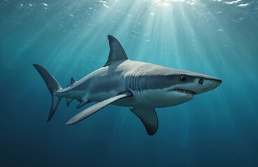 Fototapeta premium swims in deep blue ocean water. Sunlight filters from above. Powerful predator glides gracefully near water surface. Marine life in its natural habitat.