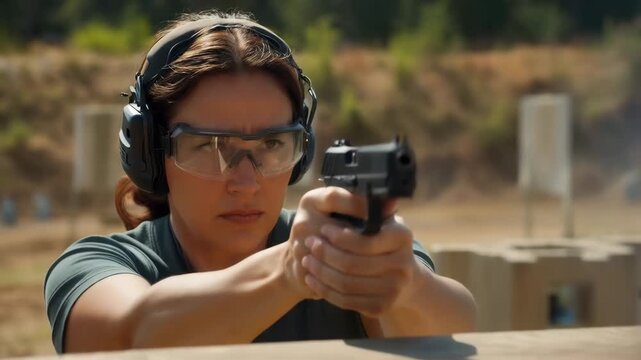 Close-up of a woman firing a handgun at an outdoor shooting range. Female shooter aiming a pistol with focus and determination. Weapon training concept
