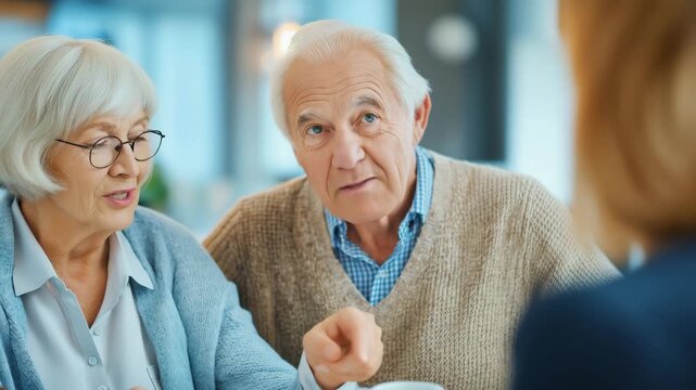 Senior couple consulting with a professional advisor in a modern office. Elderly man and woman discussing retirement plans, insurance, or medical advice. Financial planning concept