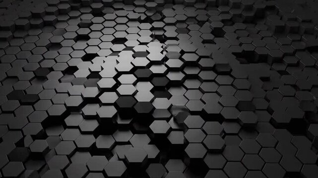 Abstract dark background with hexagonal shapes creating a textured surface.