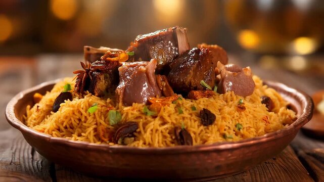 Steaming traditional Lamb Kabsa or Biryani rice dish on a copper platter. Close-up of spiced yellow rice topped with meat, raisins, and fried onions on a wooden table. Arabian cuisine concept