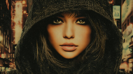 Mysterious woman in hooded cloak with intense eyes standing in glowing urban night scene with cinematic grain effect
