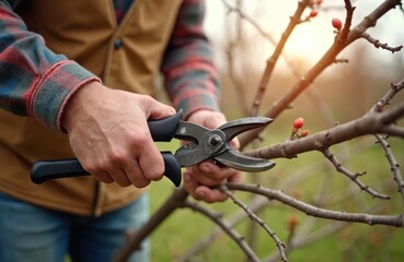 Gardener cuts tree branches with shears in spring. Closeup view of man pruning fruit tree, new buds appear on branches. Outdoor garden work, plant care activity.