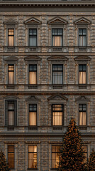 Elegant historic building decorated with warm Christmas lights and fir trees, evoking festive holiday atmosphere.