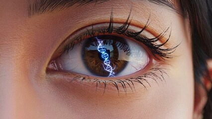 Close-up of human woman eye with glowing DNA helix reflection symbolizing biotechnology, genetics, innovation, and the fusion of humanity and science in futuristic digital medical research concept.