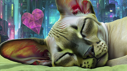 Digital artwork of a sleeping Sphynx cat with vibrant neon city background and a pink polygonal heart in a sci-fi atmosphere.