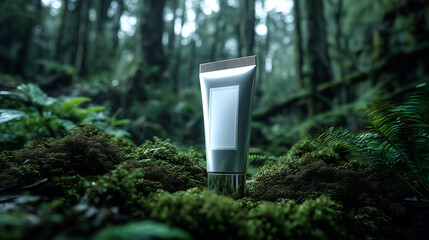 Metallic cosmetic tube standing on moss in a lush, green rainforest, symbolizing natural skincare and eco beauty.