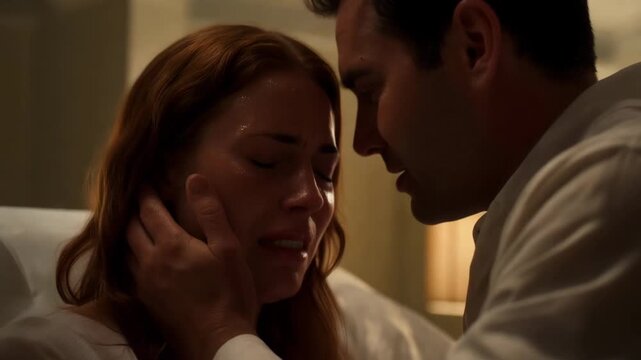 Emotional man comforting a crying woman with forehead to forehead contact. Sad couple sharing a moment of grief and intimacy in a dark room. Support and empathy concept