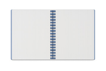 Blank open spiral notebook with clean white pages presenting a template for text or drawings on transparent background