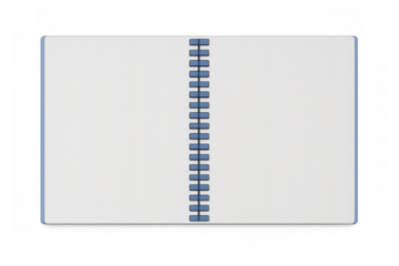 Blank open spiral notebook with clean white pages presenting a template for text or drawings on transparent background