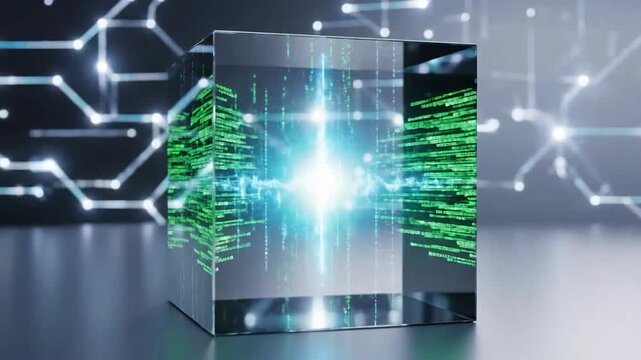 A transparent cube containing a glowing waveform and digital data streams, representing advanced technology.