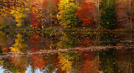 Idyllic autumn scene Dry autumn leaves falling from the trees and floating on a water surface of the lake. Trees are reflecting in the water.