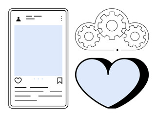 Social media, digital tools, connectivity, automation, design concepts, analysis. Smartphone interface, heart and gears in a cloud. Digital tools and connectivity concept