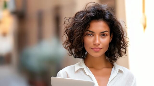 Poised and Professional: A confident woman with short, curly dark hair gazes directly at the camera, exuding a sense of purpose and readiness with her laptop, capturing a blend of focus, elegance.
