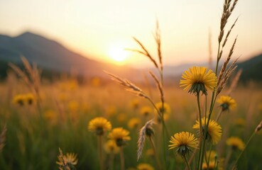 Obraz premium Wild yellow dandelions bloom in a mountain meadow at sunset. Tall grasses sway gently in the warm, golden light. Nature scene with shallow depth of field creates peaceful atmosphere.
