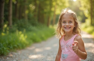 A happy little girl smiles while walking on a forest path in summer. Sunlight filters through the trees, illuminating her joyful face. She wears a pink top and her blonde hair is slightly wavy.