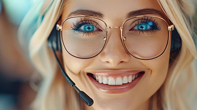 Efficiency in Connection: A focused woman, donned with a headset and spectacles, poised to engage and deliver assistance. Her expressive eyes and open smile convey warmth and attentiveness.