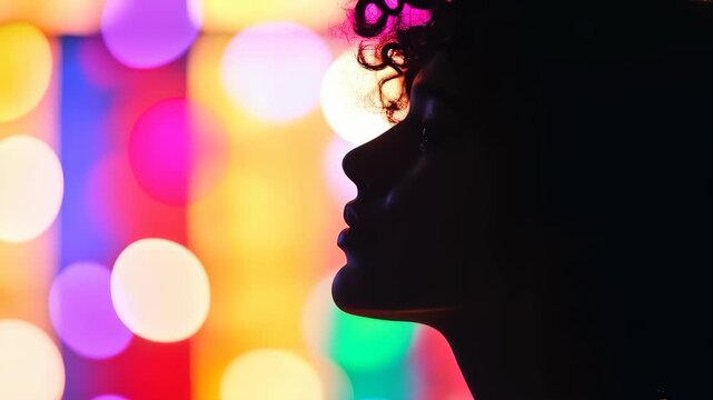 Silhouette Amidst the Bokeh: A side profile of a person is illuminated by the multicolored bokeh, evoking emotions, and intrigue. Capture inner reflection against colorful background.