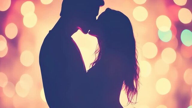 Eternal Embrace: Two silhouettes locked in a tender kiss, symbolizing everlasting love and the magic of a romantic relationship, bathed in a soft glow of lights.