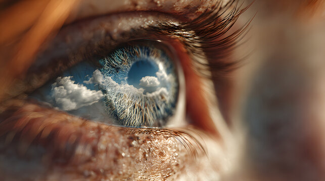 Human eye amidst sky and clouds, reflecting the healing of eye movement desensitization reprocessing therapy.