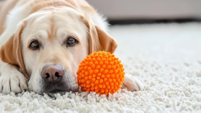 Waiting Companion: A devoted labrador rests alongside a playful orange ball, portraying companionship and the simple joys of a quiet moment. 