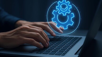 Tech Integration: a close-up of hands typing on a laptop with a glowing gear icon overlayed, a visual metaphor for the power of technology in the digital age. - Powered by Adobe