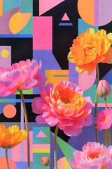 Obraz premium Vibrant Poppies Over a Colorful Geometric Abstract Backdrop in Neon Hues and Shapes Bright pink and orange poppies rise against a bold, geometric collage of neon colors and shapes, creating a modern