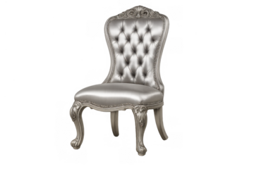 Silver royal victorian carved chair with tufted satin upholstery, classic vintage furniture item on transparent background