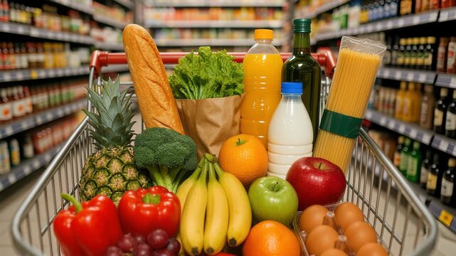 Grocery Cart Abundance: a bounty of fresh produce, pantry staples, and beverages ready for purchase. The cart is a vivid illustration of health and convenience.