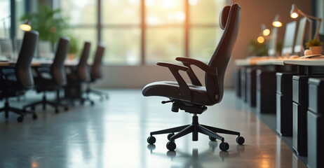 Sleek leather office chair sits empty in a modern workspace with blurred desks, computers, and lamps. Sunlight streams through large windows illuminating a clean, sophisticated corporate environment.