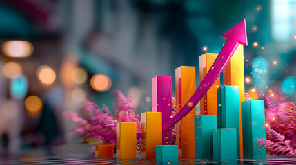 Colorful 3D illustration features bar charts rising arrow geometric shapes, business growth progress, vivid pink orange yellow teal colors enhance visual appeal for financial analy