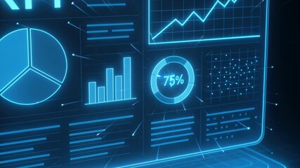 Digital Data Interface: A futuristic digital interface displays intricate data visualizations. The neon blue lines, graphs, and charts create a sleek and modern look. - Powered by Adobe