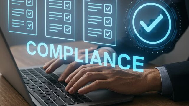 Digital Compliance: A focused professional engages with technology, symbolizing meticulous adherence to regulations through digital interfaces.