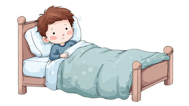Sick Boy Cartoon Character in Bed Vector Illustration on White Background