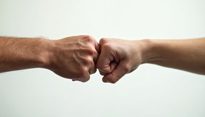 Two hands, one with dark skin, hair, lighter, meet in fist bump gesture. Shows unity, agreement, solidarity between people. Action conveys mutual respect, firm connection. Support, partnership.