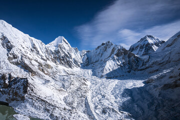 Helicopter flight over the Khumbu glacier. Aerial view of the Khumbu valley near Gorak Shep. Everest base camp trek, Nepal.
