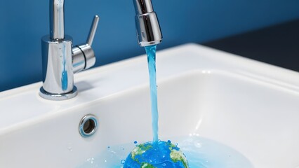 Conceptual image showing blue water flowing from a faucet forming a small blue and green globe.