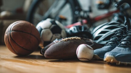 Variety of sporting equipment arranged for a workout, exercise or team game