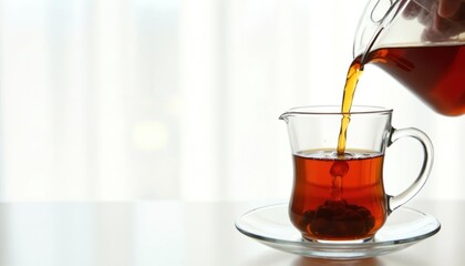 Amber colored tea pours from glass pot into clear mug. Refreshing hot drink is prepared for cozy morning or afternoon break. Minimalist kitchen setting with soft light background.