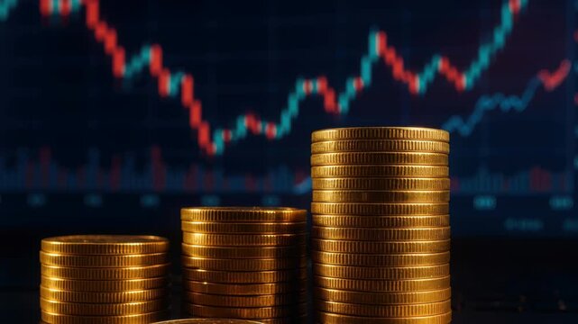 Financial Growth: A visual representation of financial growth, stacks of gold coins sit in front of a fluctuating graph