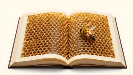 an open book whose pages are a natural, golden honeycomb on which a bee comes to rest. Symbolic of knowledge and storage.