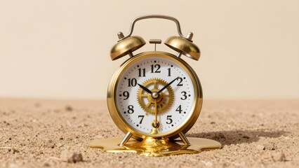 Melting vintage gold alarm clock on dry earth, symbolizing urgency and global warming or time crisis