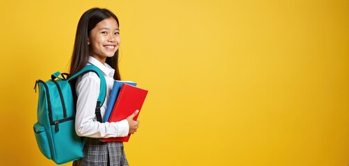 Smiling schoolgirl with backpack holds books ready for class. She wears uniform against bright yellow background, ready for learning. Back to school concept