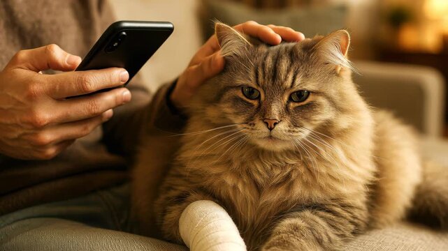 Caring Moment: A person gently pets a fluffy cat with a bandaged paw, cradling a phone in hand, showing affection.