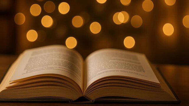 Open Book: Pages of wisdom and knowledge, an open book rests serenely upon a surface, illuminated by the warm, inviting glow of lights.  Capturing the essence of education, learning.
