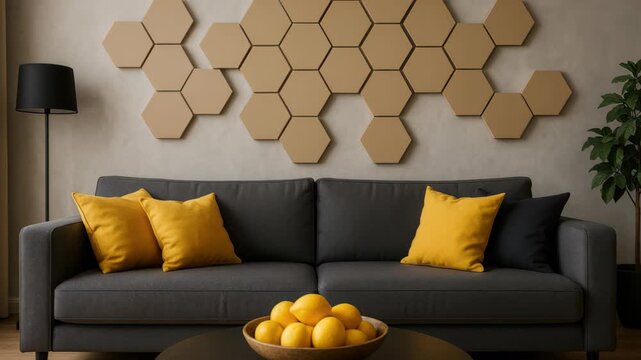 Modern Living: A contemporary living room featuring a cozy grey sofa adorned with vibrant yellow pillows and a decorative honeycomb wall panel, creating a balanced and inviting space.