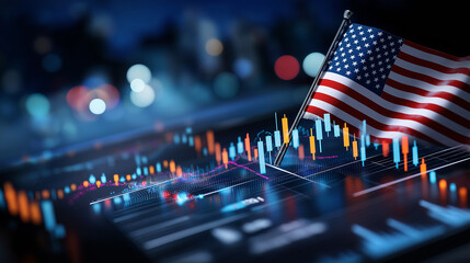 Economy stock market data displayed with national flag overlay, candlestick charts show financial fluctuations trading activity, digital graph illustrates economic growth decline, 