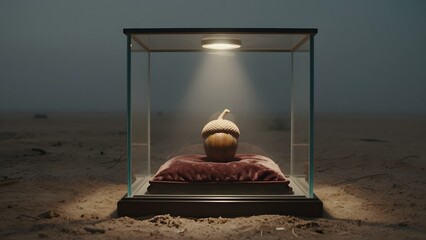 A single precious acorn displayed under the spotlight of a display case like a work of art or an antique. Misty and desolate background.