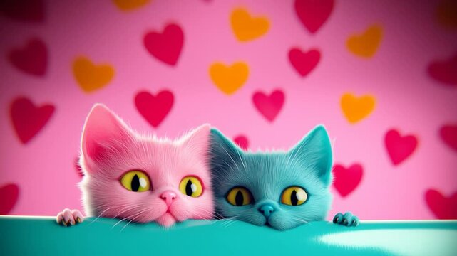 Two adorable kittens peeking, with small hearts in the background